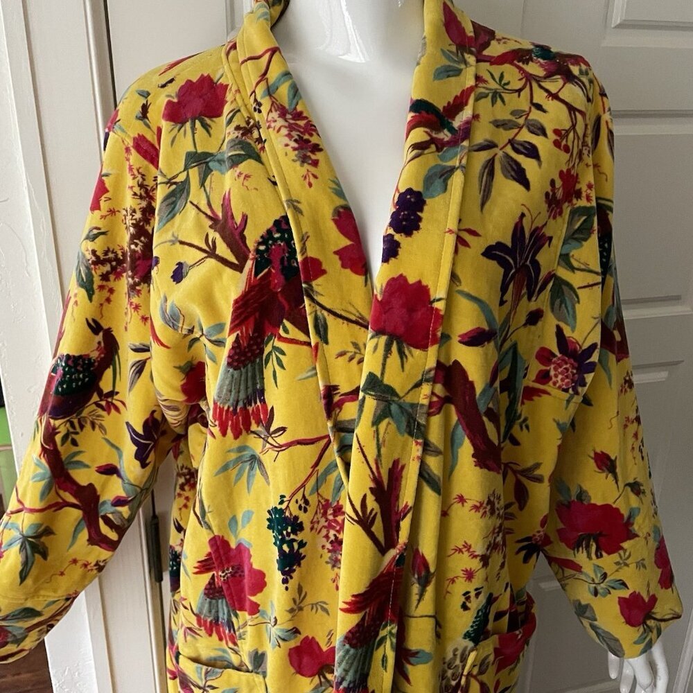 OFMD Yellow Bird Velvet Banyan Fabric Kimono Cotton Velvet Robe Long Jacket - Picture 5 of 14